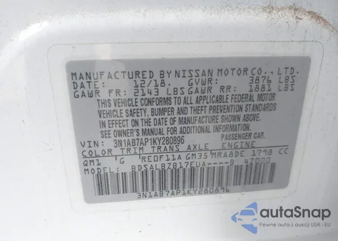 2019 Nissan Sentra S z USA, uszkodzony, nr VIN 3N1AB7AP1KY280896